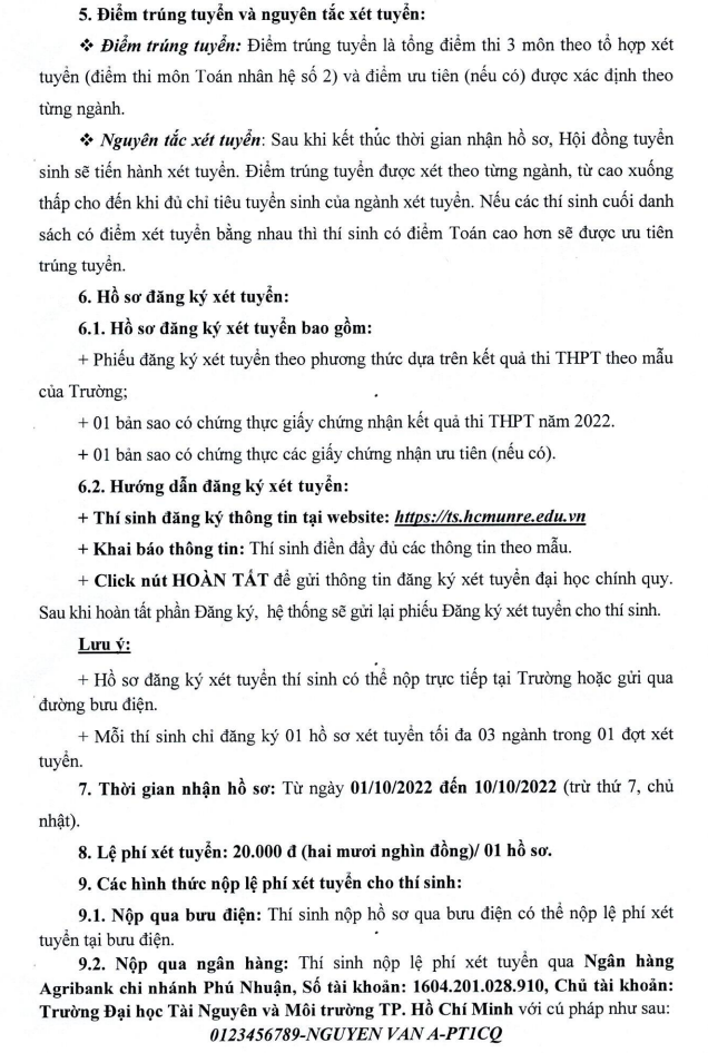 Dai hoc Tai nguyen va Moi truong TPHCM xet bo sung nam 2022