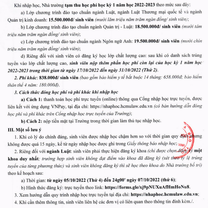 Ho so nhap hoc Dai hoc Luat TPHCM nam 2022