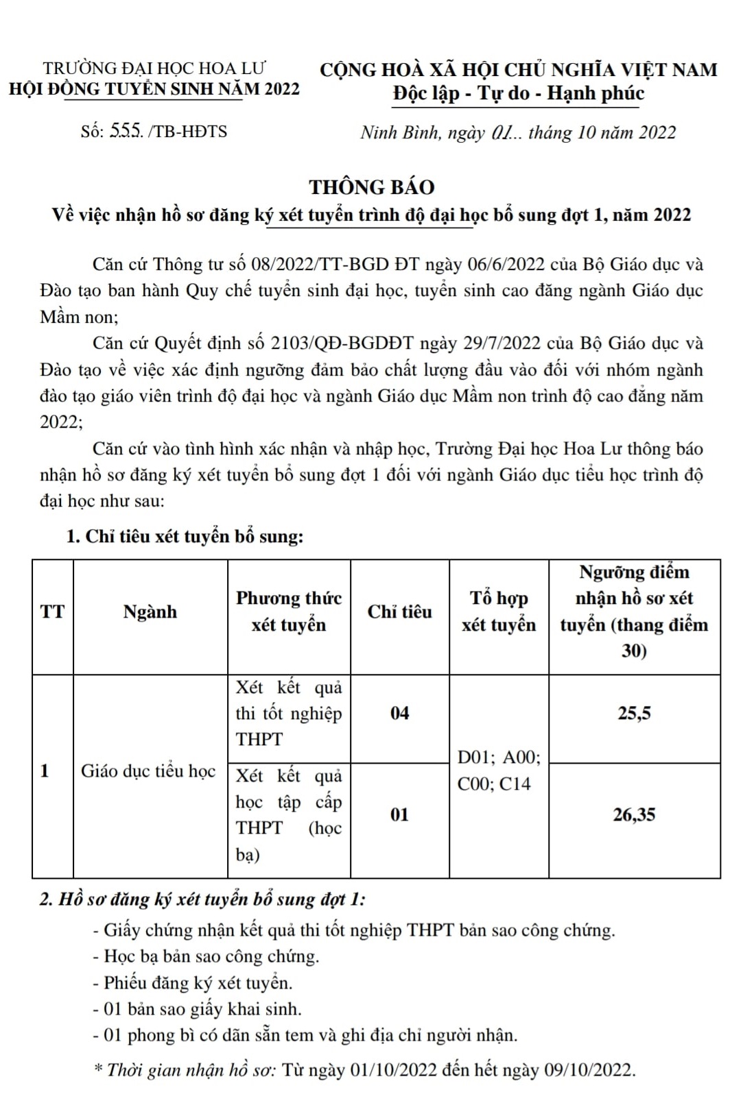 Dai hoc Hoa Lu xet bo sung dot 1 nam 2022
