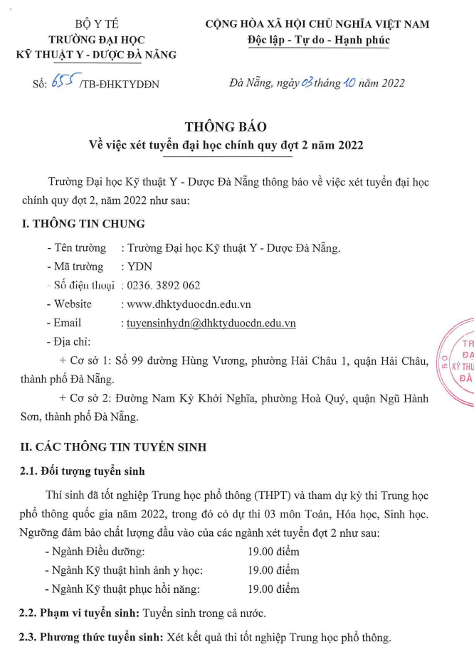 Dai hoc Ky thuat Y - Duoc Da Nang xet bo sung dot 2 nam 2022