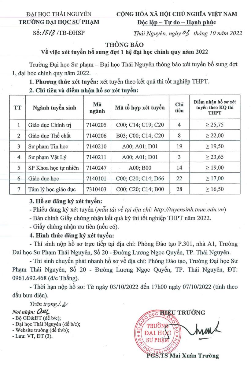 Dai hoc Su pham - Dai hoc Thai Nguyen xet tuyen bo sung 2022