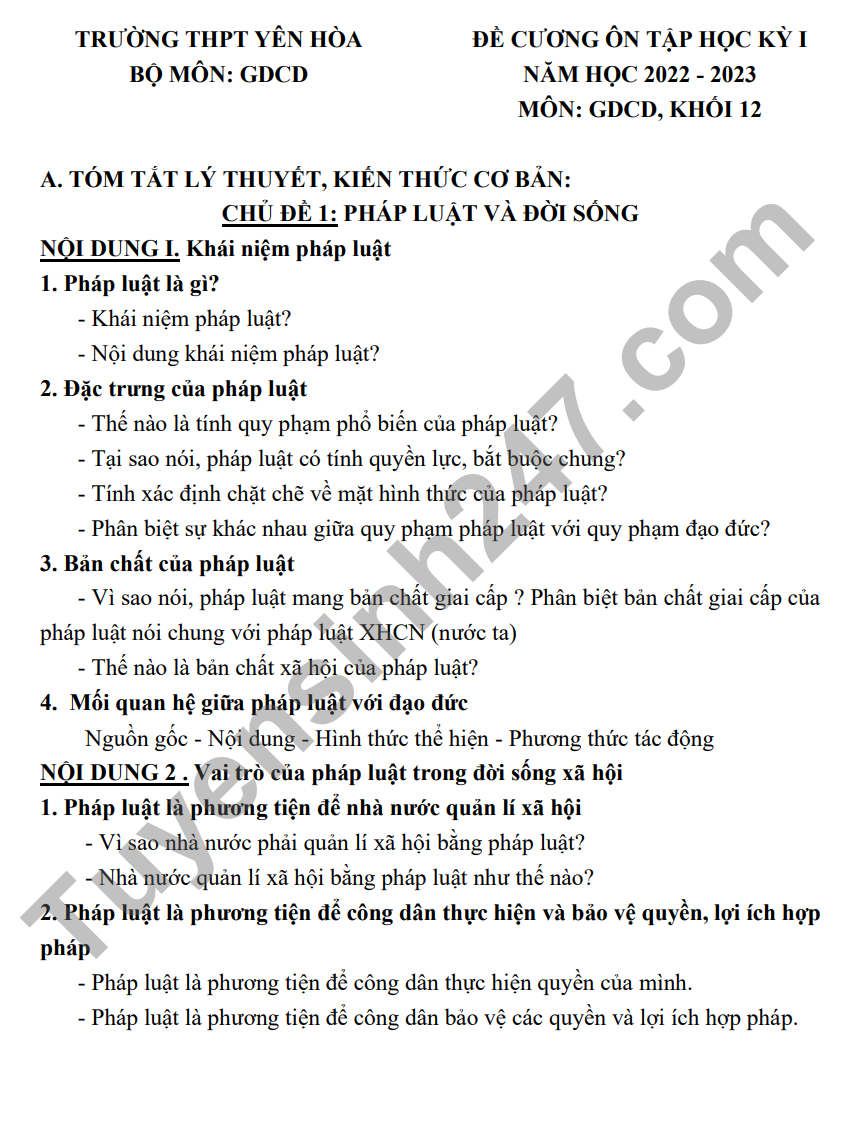 De cuong on tap ki I mon GDCD lop 12 2022 THPT Yen Hoa