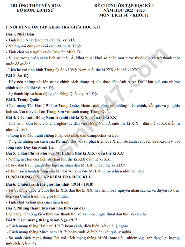 De cuong on tap ki 1 lop 11 mon Su 2022 - THPT Yen Hoa