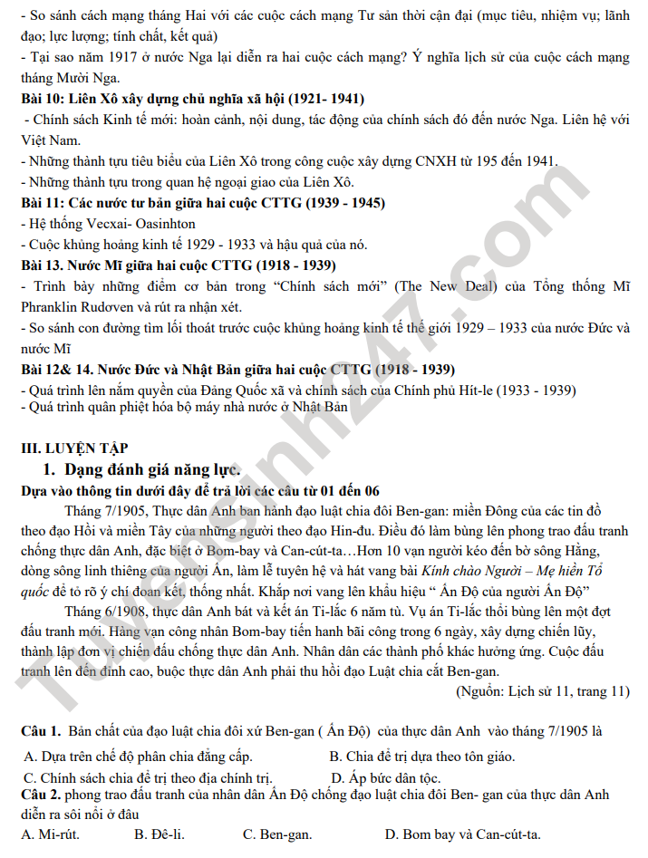 De cuong on tap ki 1 lop 11 mon Su 2022 - THPT Yen Hoa