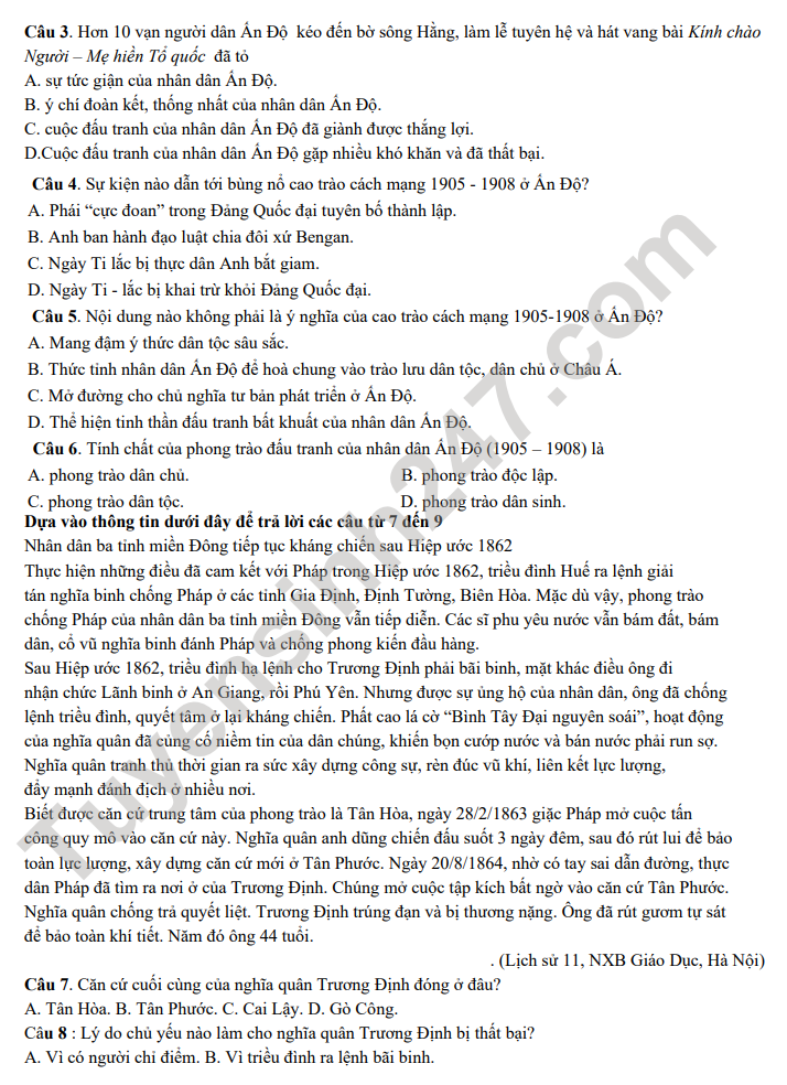 De cuong on tap ki 1 lop 11 mon Su 2022 - THPT Yen Hoa