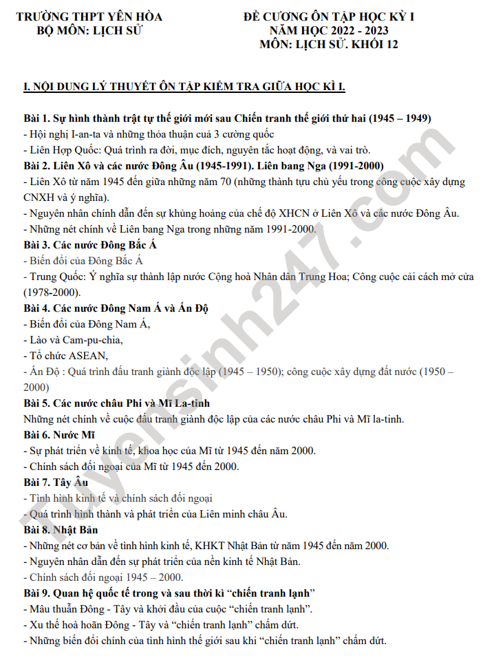 De cuong on tap ki 1 mon Lich su lop 12 THPT Yen Hoa 2022