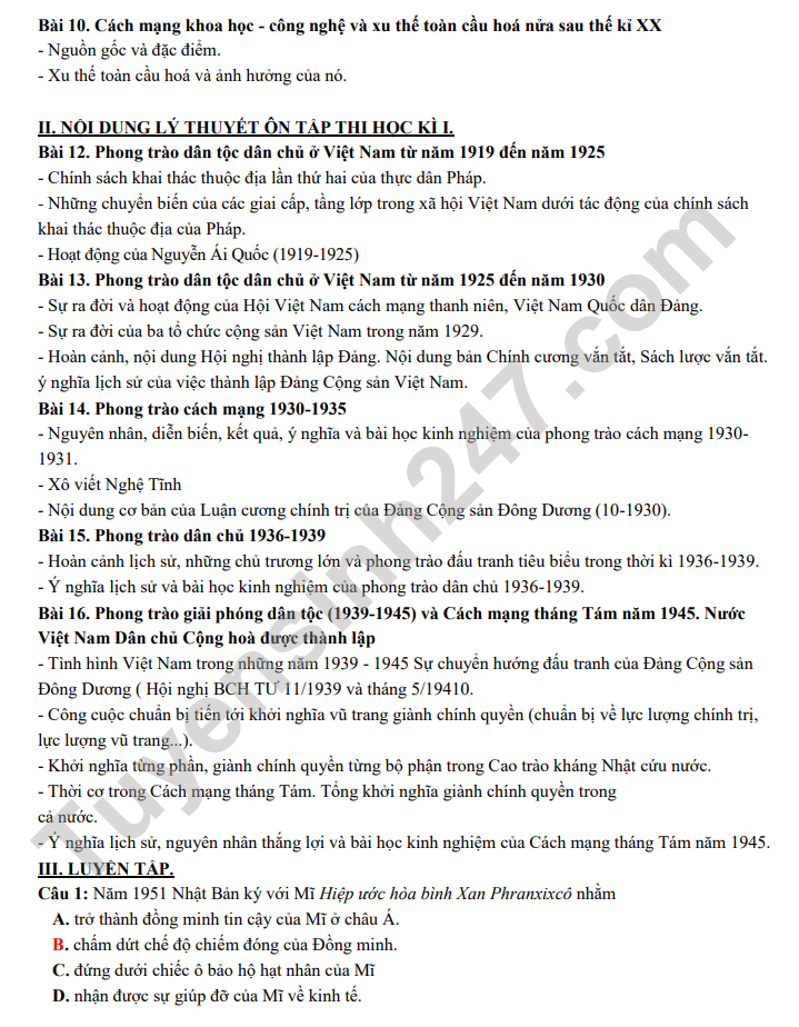 De cuong on tap ki 1 mon Lich su lop 12 THPT Yen Hoa 2022