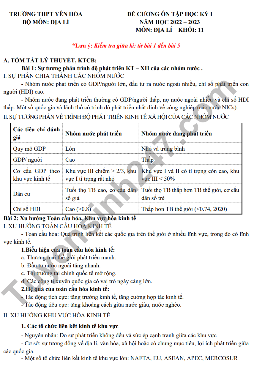 De cuong on tap hoc ki I lop 11 mon Dia THPT Yen Hoa, Ha Noi 2022