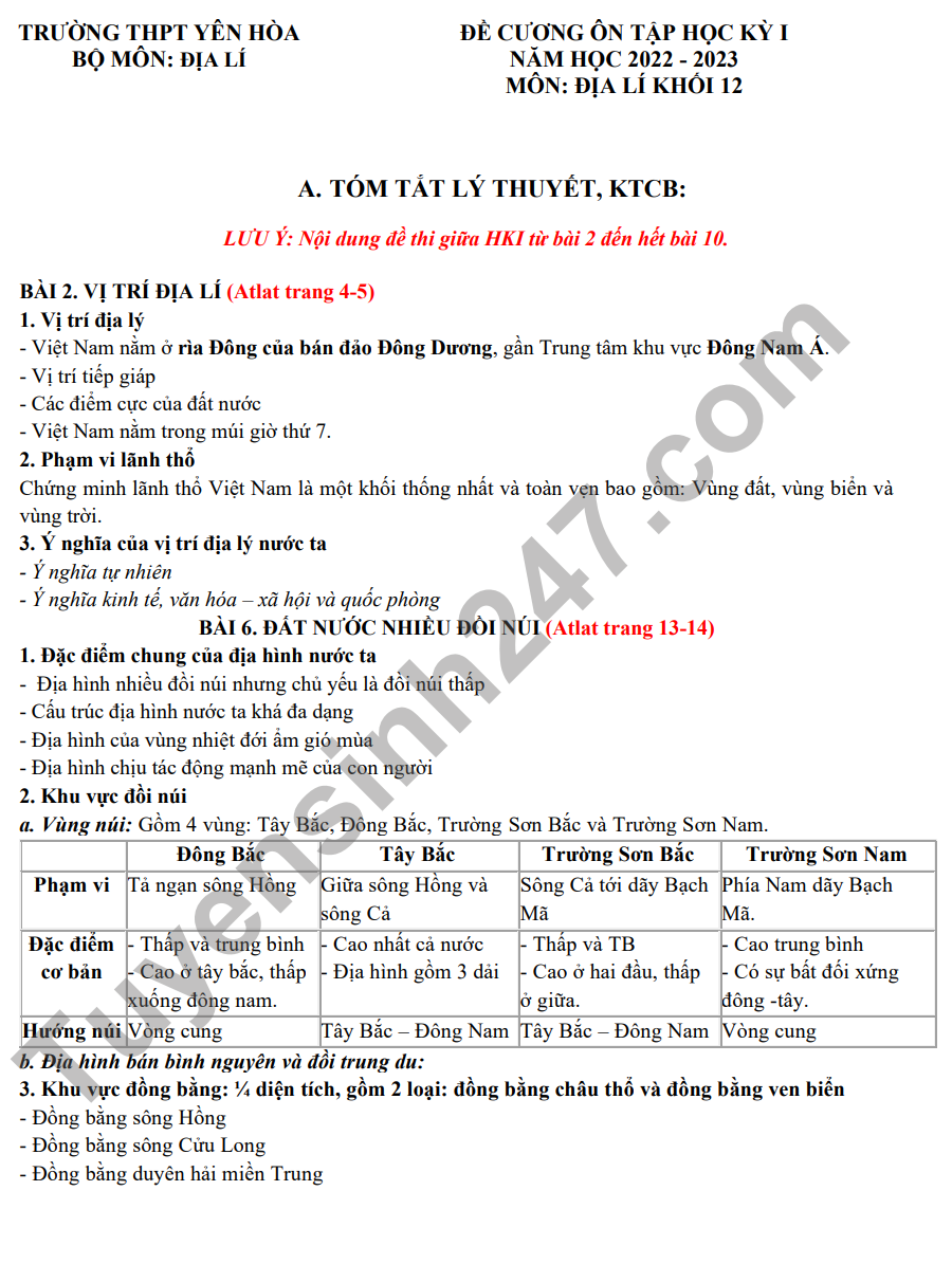 De cuong on tap ki I lop 12 mon Dia Li 2022-2023 THPT Yen Hoa