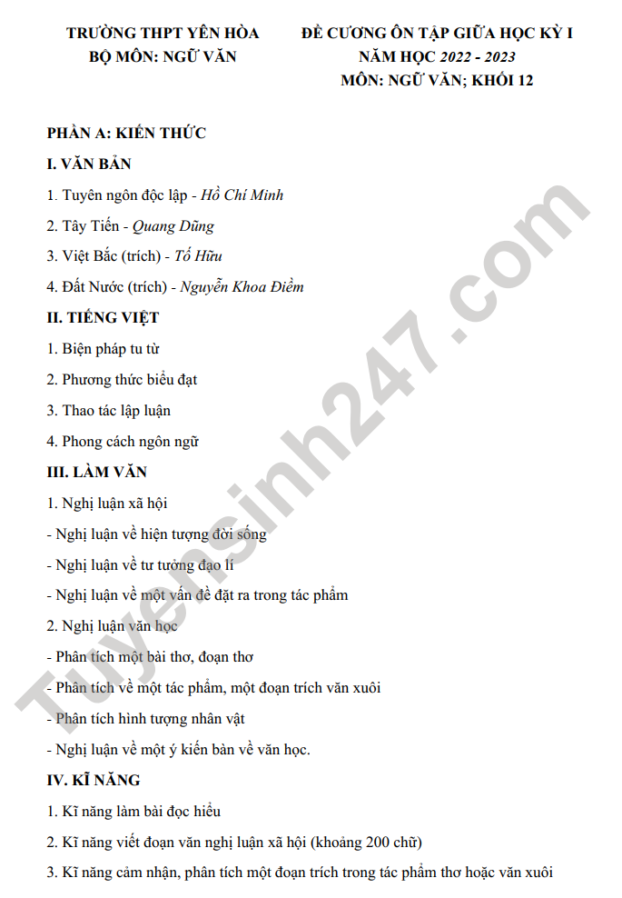 De cuong giua ki 1 mon Van lop 12 nam 2022 THPT Yen Hoa