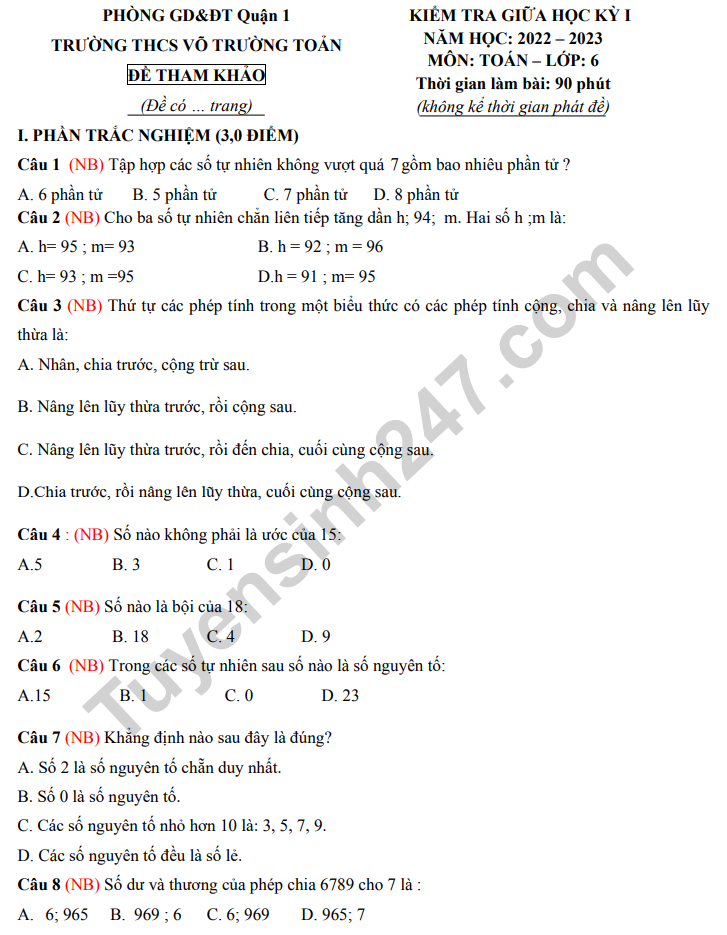 De giua ki 1 mon Toan lop 6 nam 2022 - THCS Vo Truong Toan (Tham khao)