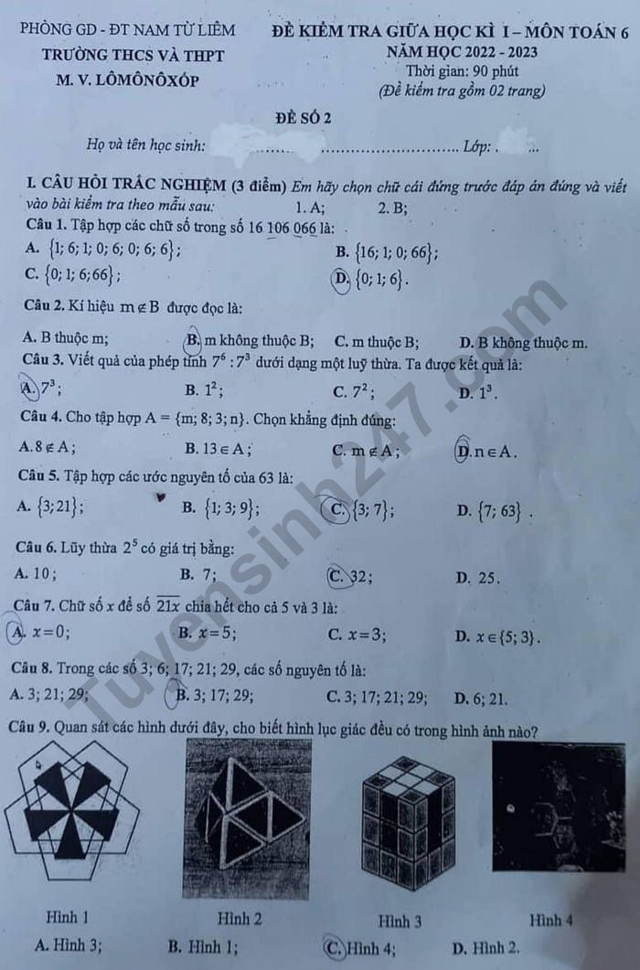 De giua ki 1 mon Toan lop 6 nam 2022 - THCS THPT M.V Lomonoxop