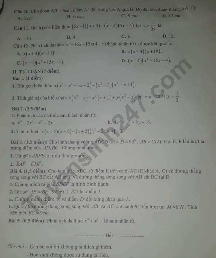 De thi giua ki 1 mon Toan lop 8 nam 2022 - THCS THPT Nguyen Tat Thanh