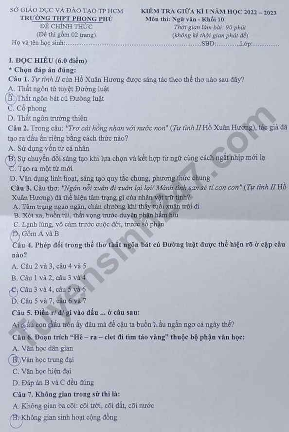 De thi giua ki 1 lop 10 mon Van 2022 - THPT Phong Phu