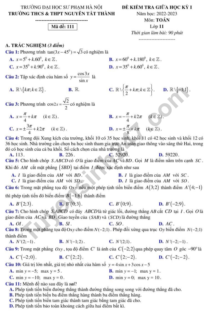 De giua ki 1 mon Toan lop 11 nam 2022 - THCS THPT Nguyen Tat Thanh