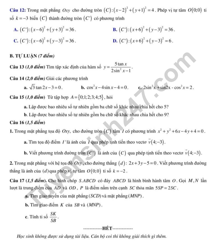 De giua ki 1 mon Toan lop 11 nam 2022 - THCS THPT Nguyen Tat Thanh