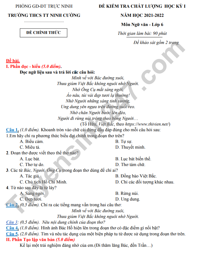 De thi giua ki 1 mon Van 6 nam 2022 - THCS Ninh Cuong