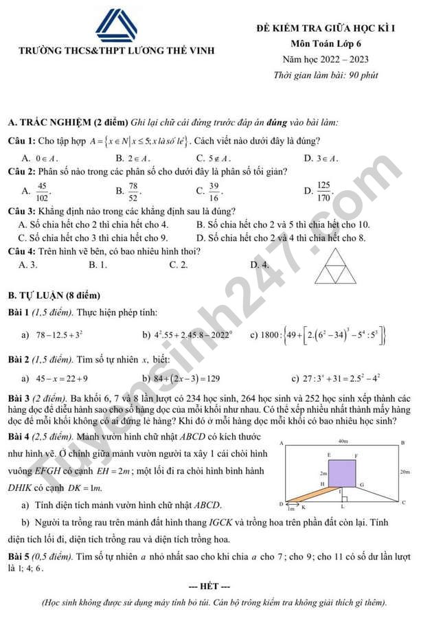 De kiem tra giua ki 1 lop 6 mon Toan THCS THPT Luong The Vinh 2022