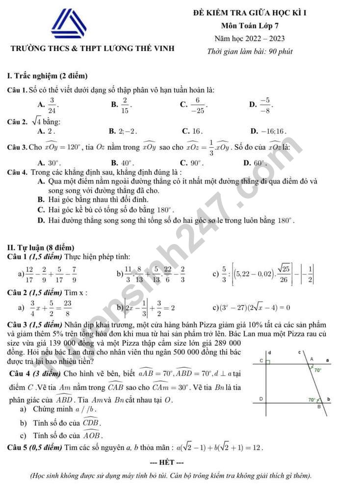De thi giua ki 1 lop 7 mon Toan THCS THPT Luong The Vinh 2022