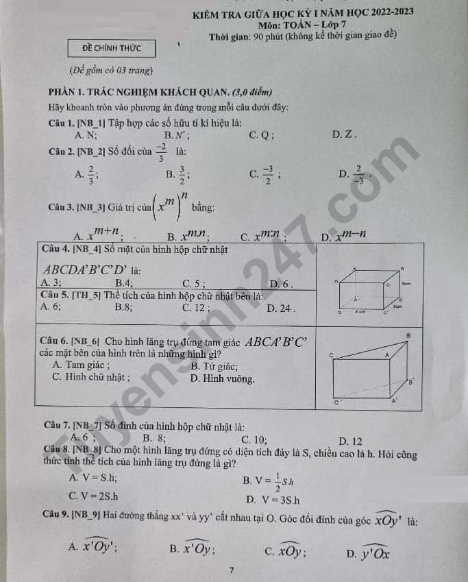 De thi giua ki 1 mon Toan lop 7 nam 2022 - KNTT