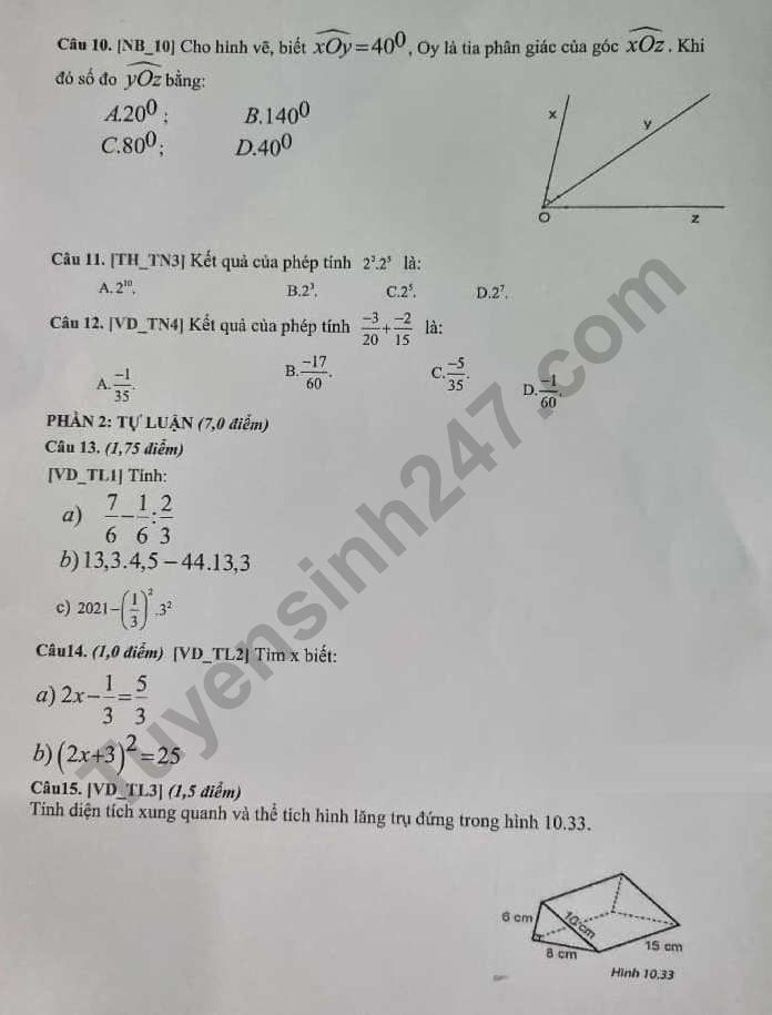De thi giua ki 1 mon Toan lop 7 nam 2022 - KNTT