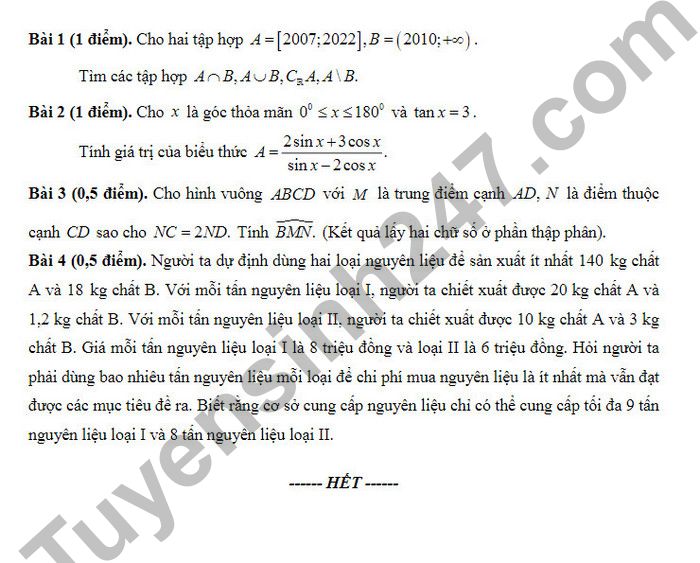 De thi giua ki 1 mon Toan lop 10 nam 2022 - THPT Chuyen Tran Phu