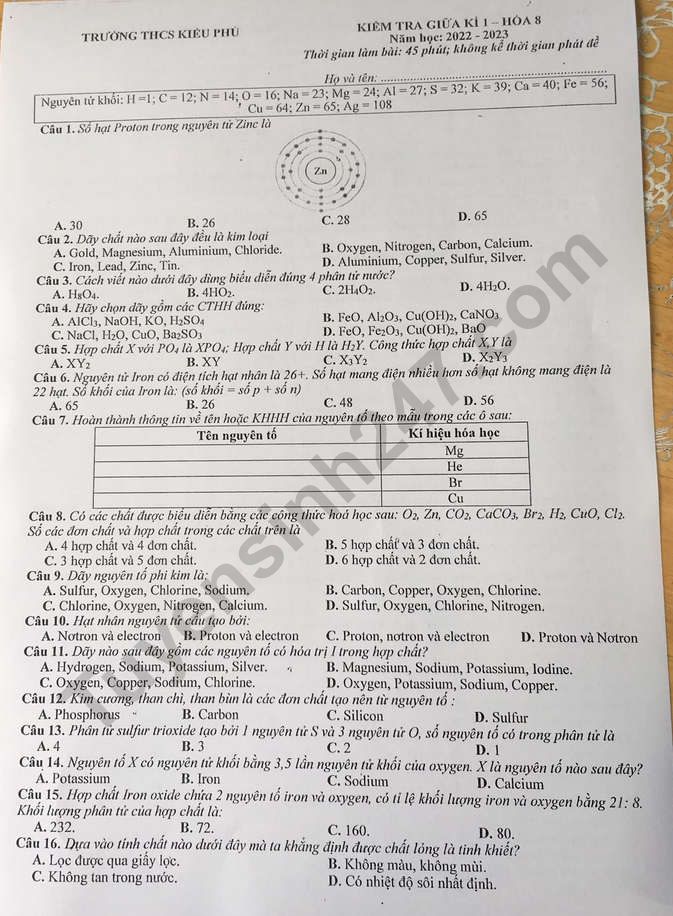 De thi giua ki 1 lop 8 mon Hoa 2022 - THCS Kieu Phu