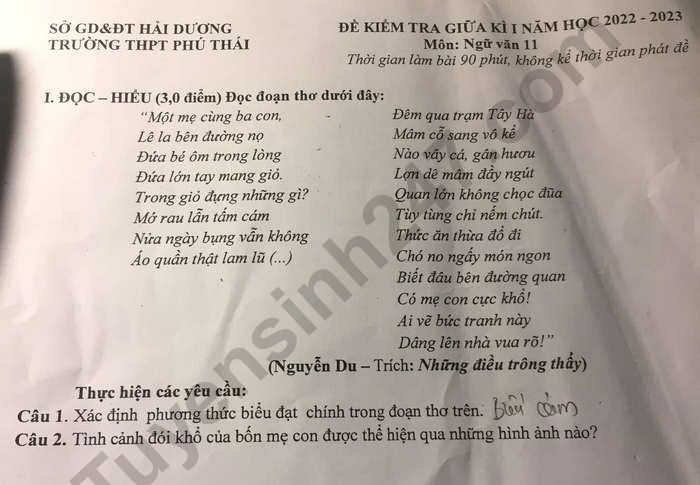 De thi giua ki 1 mon Van lop 11 nam 2022 - THPT Phu Thai
