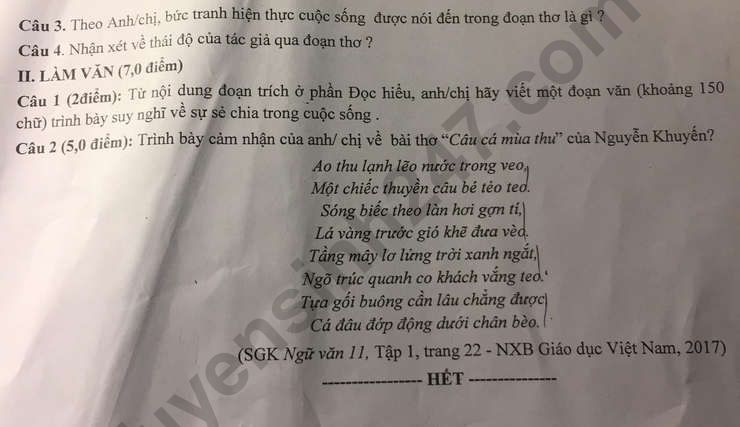De thi giua ki 1 mon Van lop 11 nam 2022 - THPT Phu Thai