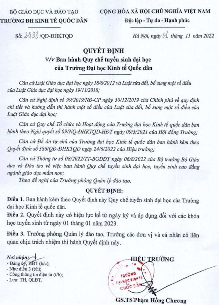Dai hoc Kinh te quoc dan cong bo quy che tuyen sinh DH tu 2023