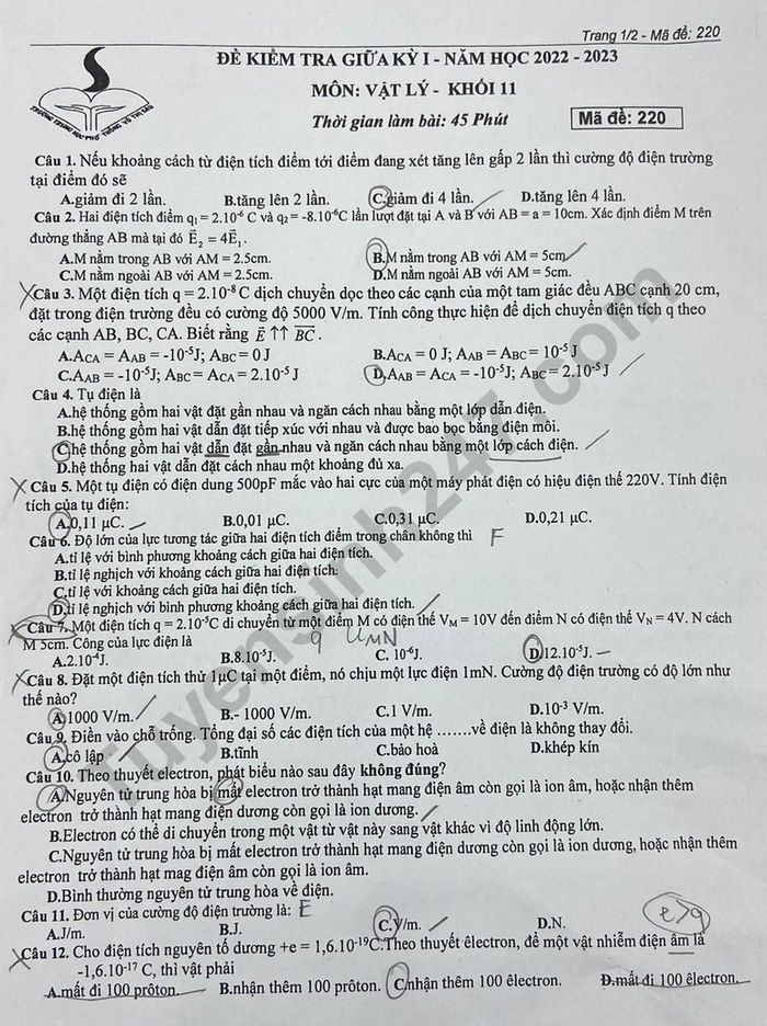 De thi giua ki 1 lop 11 mon Ly 2022 - THPT Vo Thi Sau