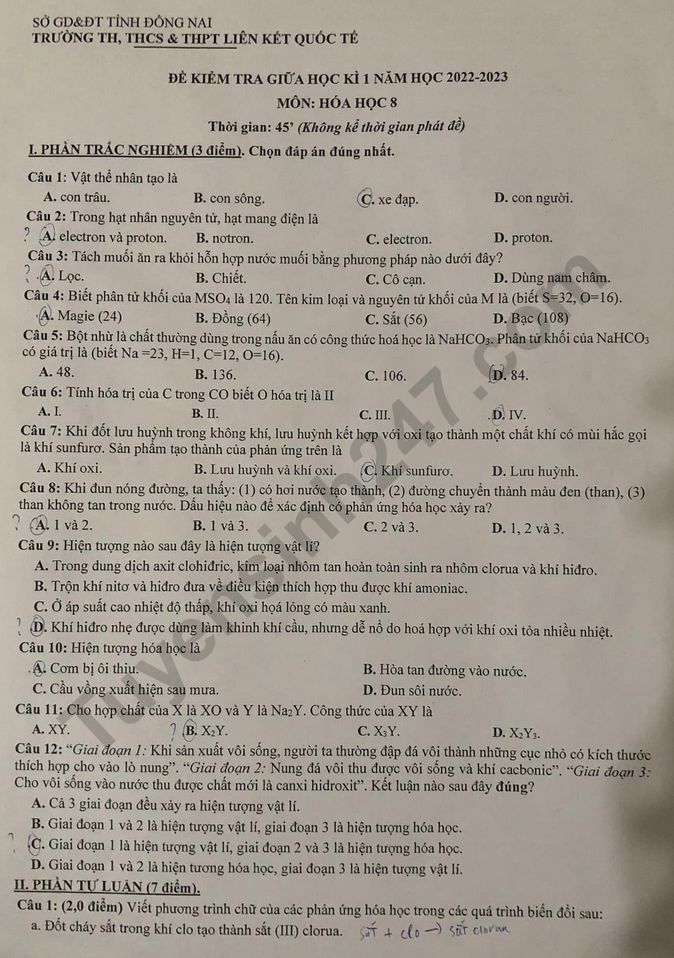 De giua ki 1 lop 8 mon Hoa - THCS & THPT Lien ket Quoc te 2022