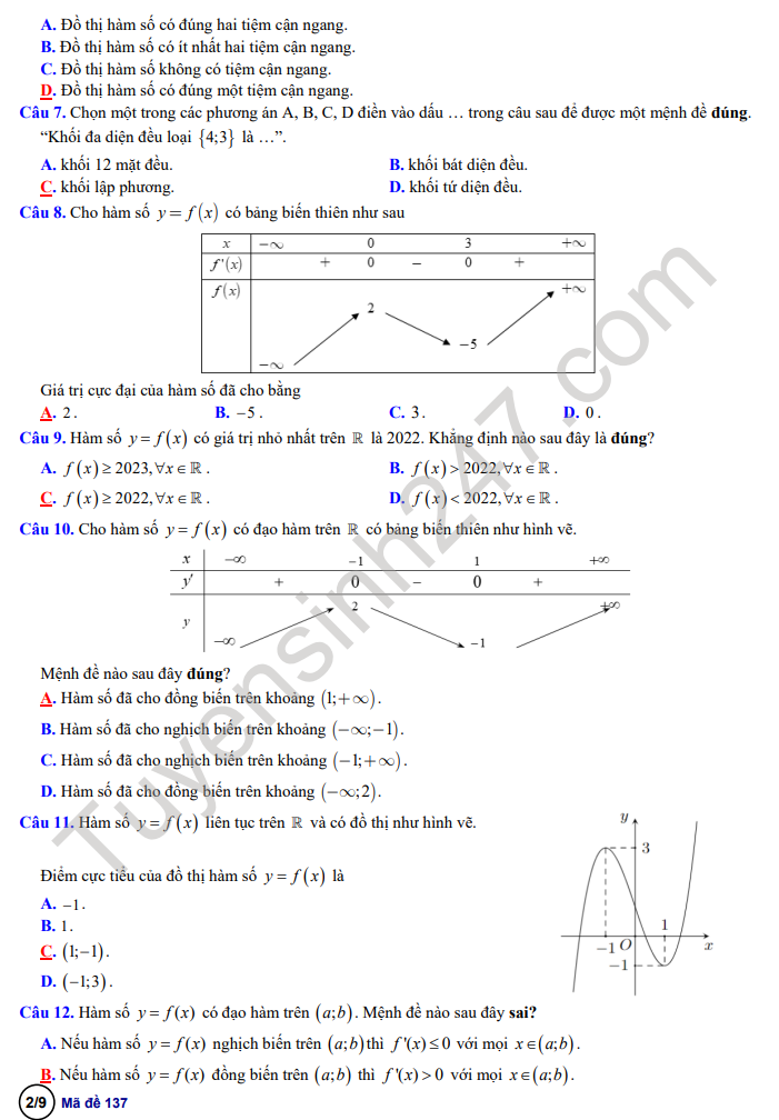 De giua ki 1 mon Toan lop 12 - THPT Chuyen Le Khiet 2022