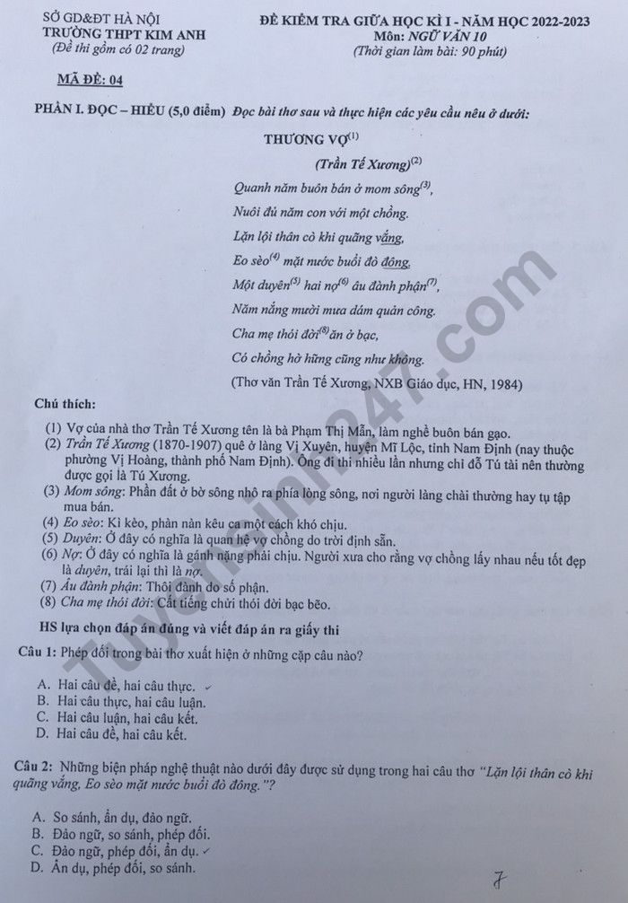 De kiem tra giua ki 1 mon Van lop 10 nam 2022 - THPT Kim Anh