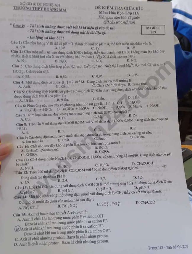 De thi giua ki 1 mon Hoa lop 11 - THPT Hoang Mai 2022