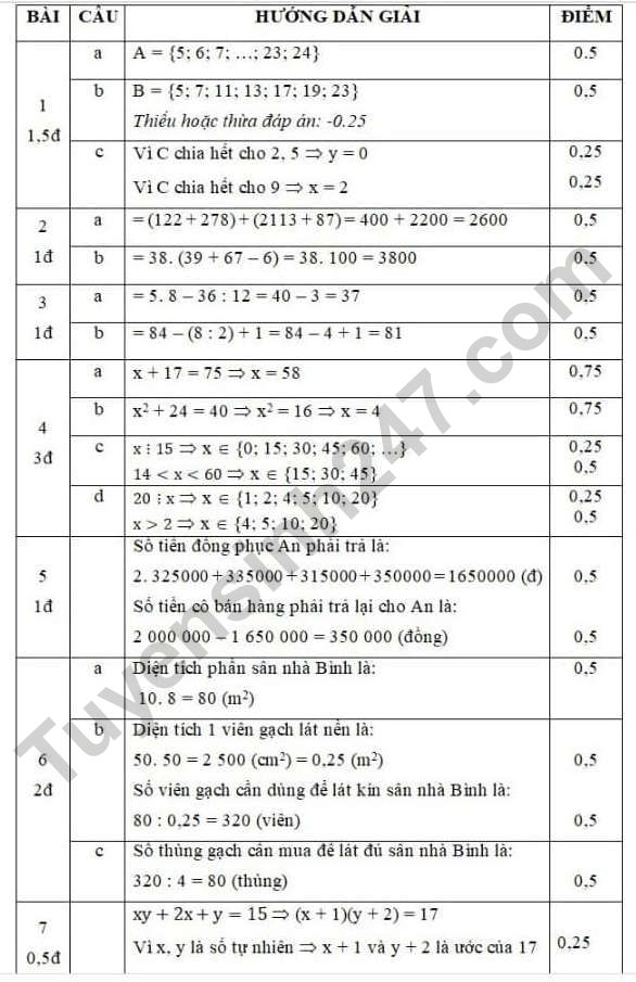 De giua ki 1 lop 6 mon Toan 2022 - THCS Nguyen Cong Tru (Co dap an)