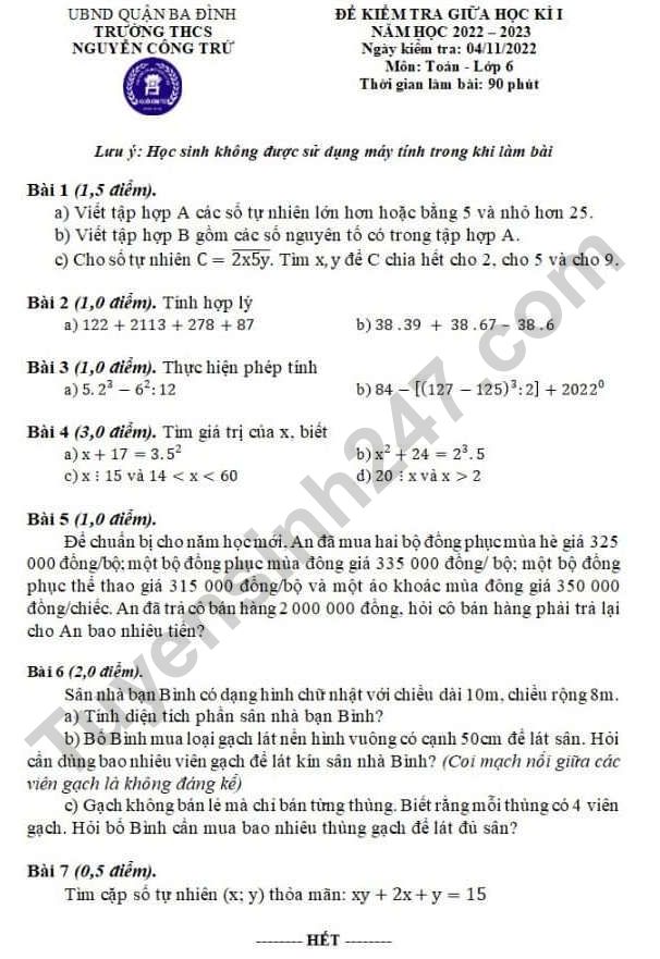De giua ki 1 lop 6 mon Toan 2022 - THCS Nguyen Cong Tru (Co dap an)