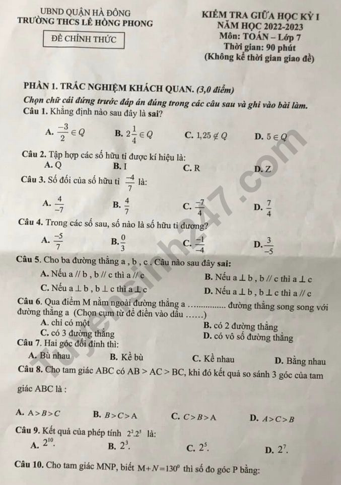 De thi giua ki 1 lop 7 mon Toan - THCS Le Hong Phong 2022