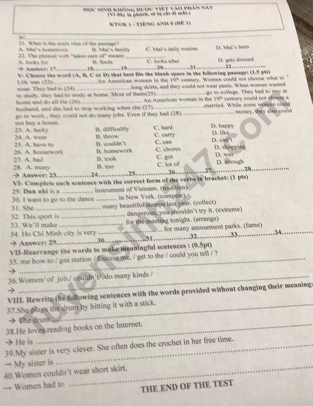 De thi giua ki 1 mon Anh lop 8 - Phong GD Binh Chanh 2022