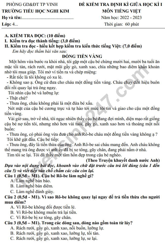 De thi giua ki 1 lop 4 mon Tieng Viet 2022 - TH Nghi Kim