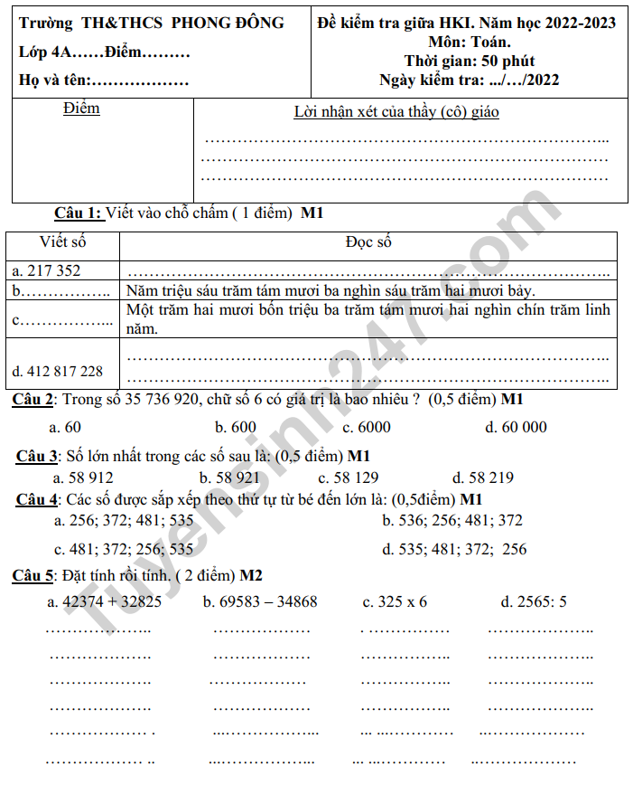 De thi giua ki 1 lop 4 mon Toan 2022 - TH Phong Dong (Co dap an)