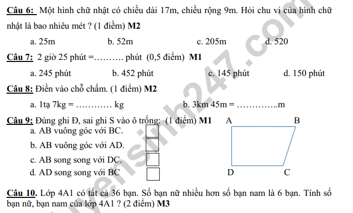 De thi giua ki 1 lop 4 mon Toan 2022 - TH Phong Dong (Co dap an)