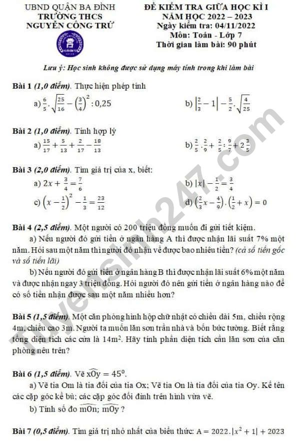 Dap an de thi giua ki 1 lop 7 mon Toan - THCS Nguyen Cong Tru 2022