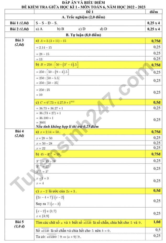 Dap an de giua ki 1 mon Toan lop 6 - THCS Trung Vuong 2022