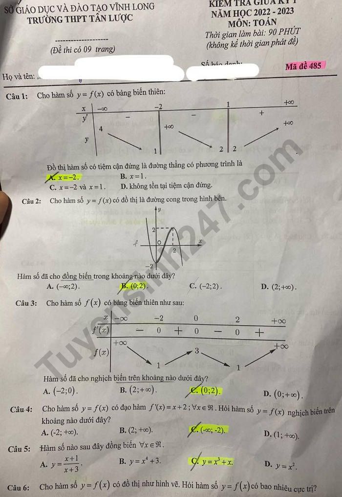 De thi giua ki 1 lop 12 mon Toan 2022 - THPT Tan Luoc