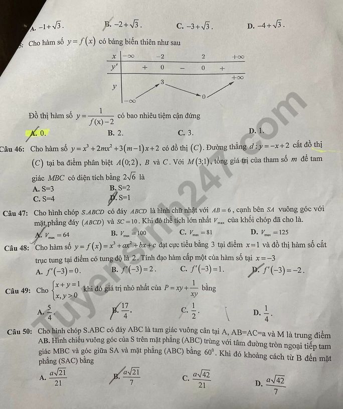 De thi giua ki 1 lop 12 mon Toan 2022 - THPT Tan Luoc
