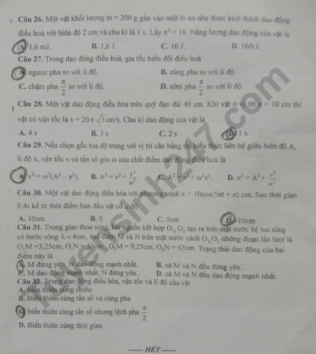 De thi giua ki 1 mon Ly lop 12 - THPT Vo Nguyen Giap 2022