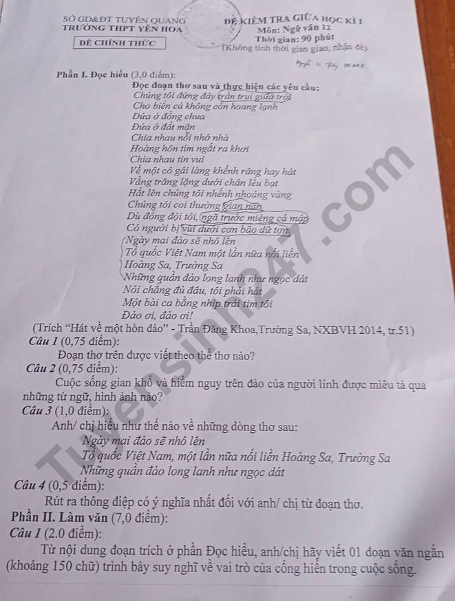 De thi giua ki 1 mon Van 2022 lop 12 - THPT Yen Hoa