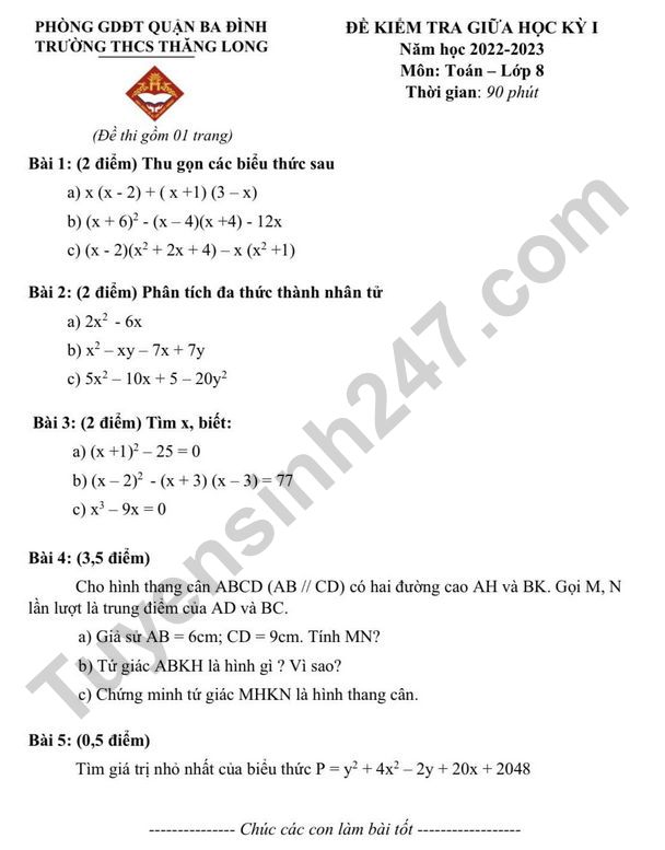 De thi giua ki 1 mon Toan lop 8 co dap an 2022 - THCS Thang Long