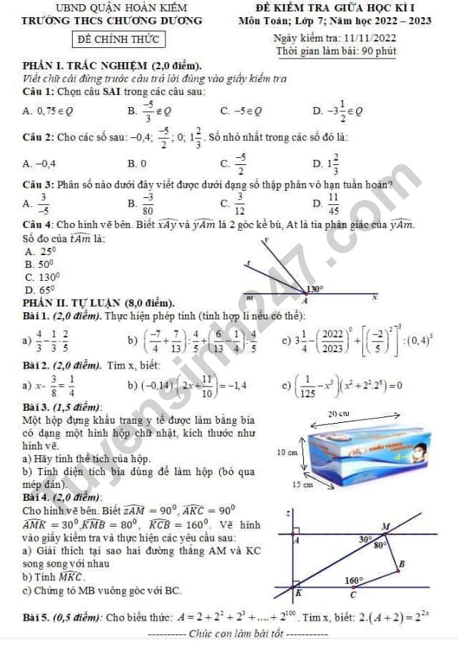 Dap an de giua ki 1 mon Toan lop 7 - THCS Chuong Duong 2022